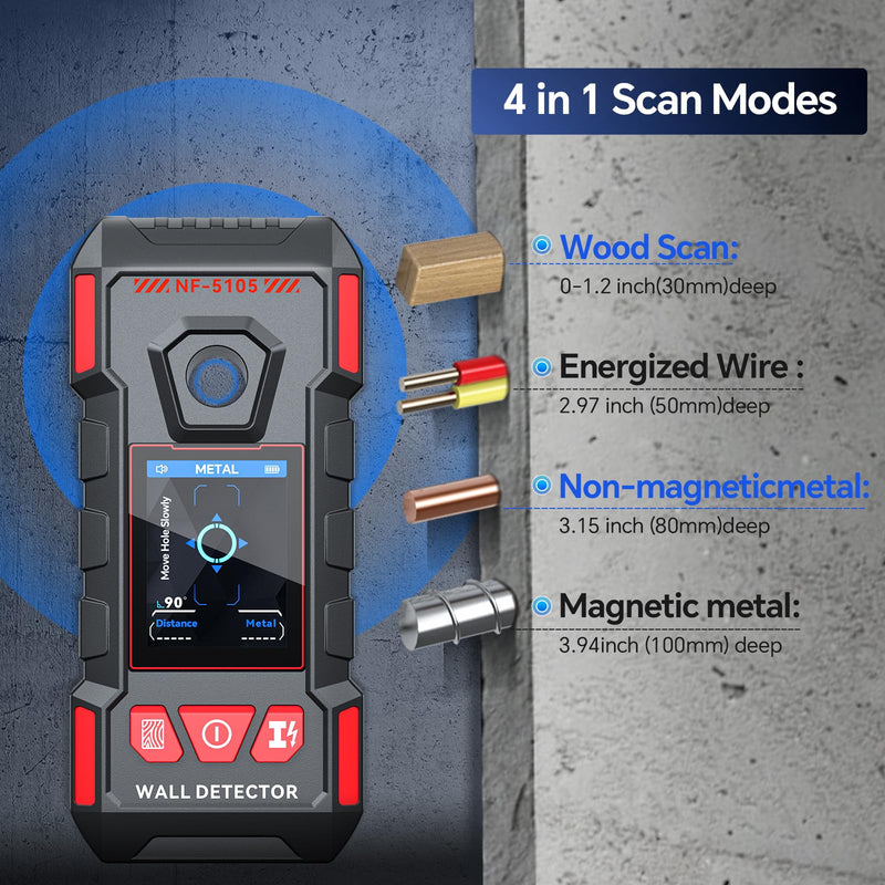 NOYAFA Stud Finder Wall Scanner - 6 in 1 Rechargeable Electronic Wall Detector with HD LCD Display and Audio Alarm,Positioning Hole for Accurate Positioning of Wood,Metal Studs, AC Wires,Joists,Pipes