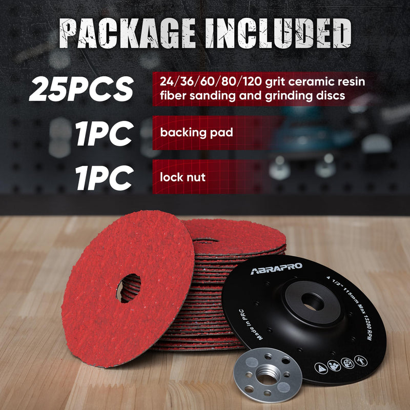 Ceramic Resin Fiber Sanding and Grinding Discs 4.5” x 7/8”with Backing Pad, 24/36/60/80/120 Grit - 25 Pack 24/36/60/80/120grit-25Pack