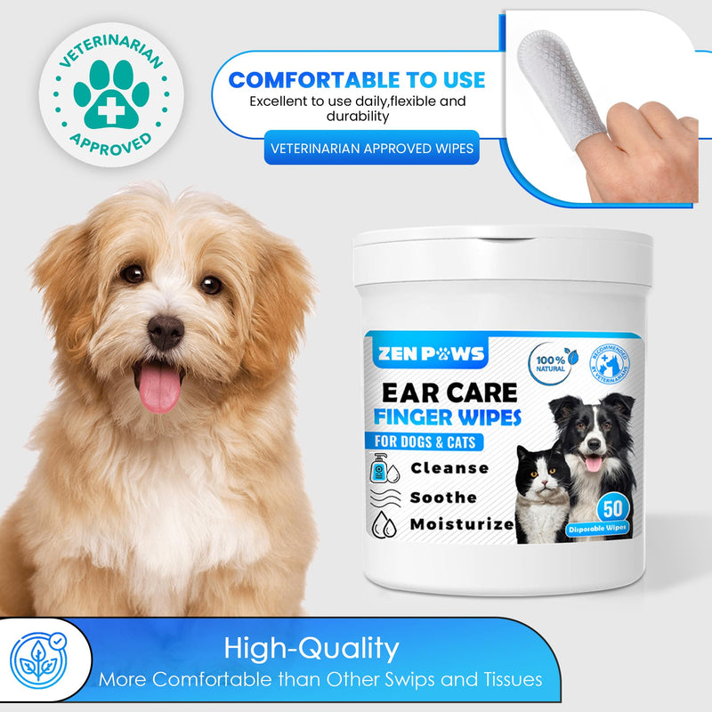 Zenpaws Dogs & Cats Ear Cleaner Finger Wipes - Relieve Ear Itching & Inflammation - Reduce Dirt, Odor and Wax Build - Natural Ingredients - Sooths & Deodorizes – 50 Count - PawsPlanet Australia