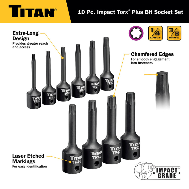 Titan 49008 10-Piece Impact Torx Plus Bit Socket Set, Sizes TP10 thru TP50, S2 and 6150 Alloy Steel, Extra-long Design for Greater Reach and Access, Metal Storage Rail
