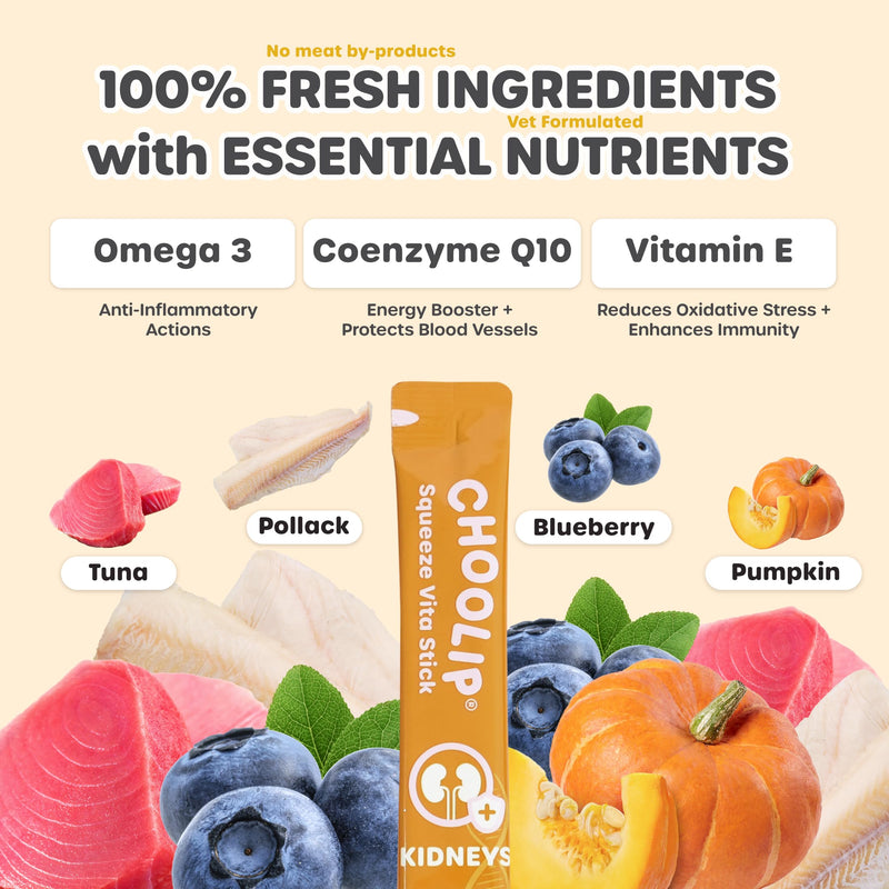 Choolip Bundle | Kidney + Brain Pouches. 14 Squeeze Vita Sticks (7 Kidney + 7 Brain) with Essential multivitamins. [Both Products are for Cats & Dogs of All Life Stages]