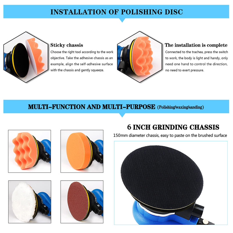 Ouya Air Powered Random Orbit Sanders Dual Action Pneumatic Palm Sander with 1pc 6-inch Backing Plate and 9pcs Sandpapers 6 inch