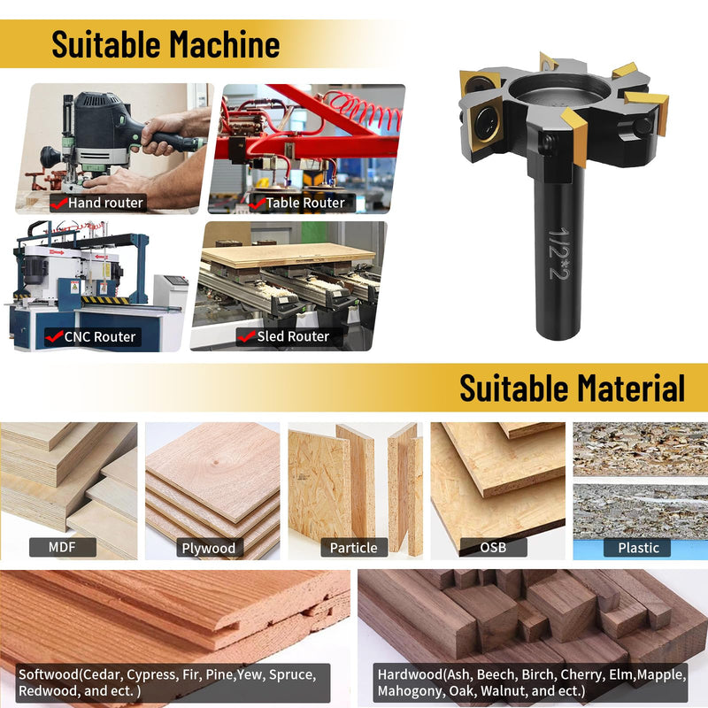 CNC Slab Flattening Router Bit, 1/2 Shank,Surfacing Bits 2" Cutting Dia. Carbide Insert Planer Bit for Spoilboard Flattening, Spoilboard Surfacing Router Bit, 6 Wings Carbide Insert 1/2" Shank, 2" Cutting Diameter,6 Wings