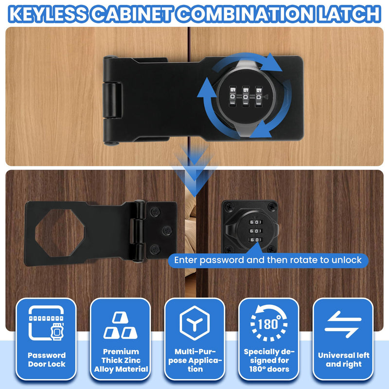 Keyless Cabinet Lock with Combination Code - 3-Digit Password Hasp Latch Lock for Drawers, Bifold Closet Door and Double Sided Door (Black, 4.5 Inch) 1 Pack Black