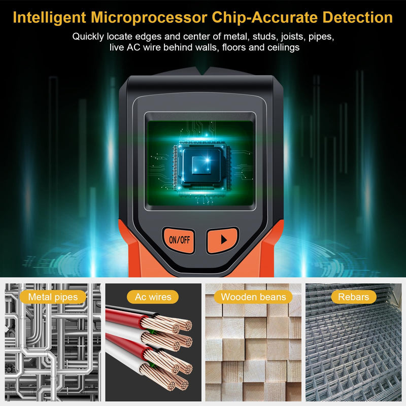 Stud Finder Wall Scanner - 5 in 1 Stud Finder Tool w/Microprocessor Chip and HD LCD Display, Stud Detector Beam Finders for the Center and Edge of Wood AC Wire Metal Studs Joist Pipe Blood Orange
