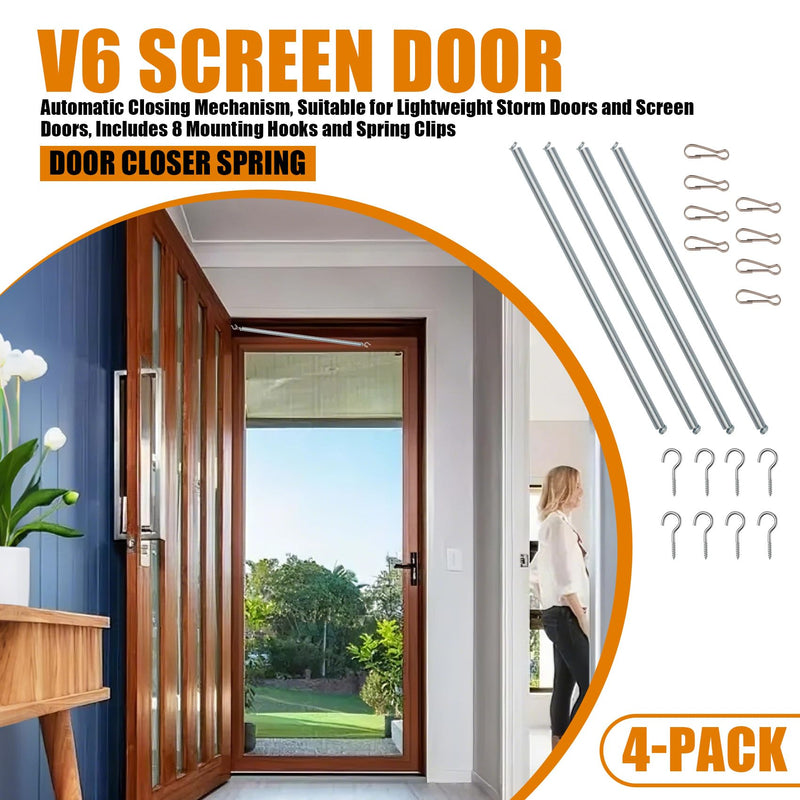 V6 Screen Door Spring, Door Closer Spring, 16x1/2 Inch, Automatic Closing Mechanism, Suitable for Lightweight Storm Doors and Screen Doors, Includes 8 Mounting Hooks and Spring Clips, 4-Pack