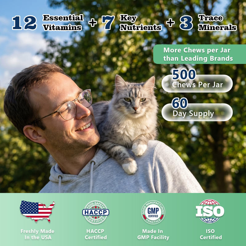 22-in-1 Cat Multivitamin Chews, Taurine & Lysine for Cats, Omega 3,6,9, Cat Vitamis and Supplements Support Immune, Skin, Joint, Digestion, Heart & Energy 500 Crunchy & Creamy Treats for Cats All Ages