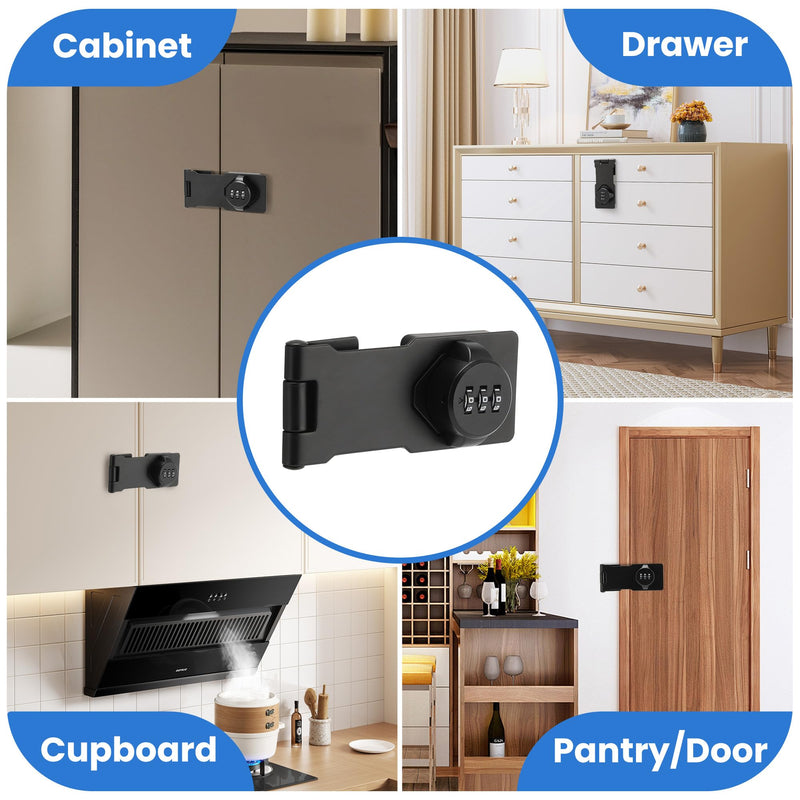 Keyless Cabinet Lock with Combination Code - 3-Digit Password Hasp Latch Lock for Drawers, Bifold Closet Door and Double Sided Door (Black, 4.5 Inch) 1 Pack Black