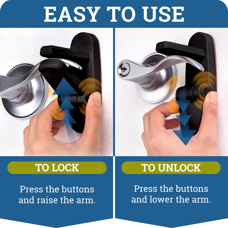Door Lever Lock (2 Pack) Prevents Toddlers From Opening Doors. 3.25" L * 1.5" W * 4.5" H Easy One Hand Operation for Adults. Durable ABS with 3M Adhesive Backing. Simple Install, Black 2