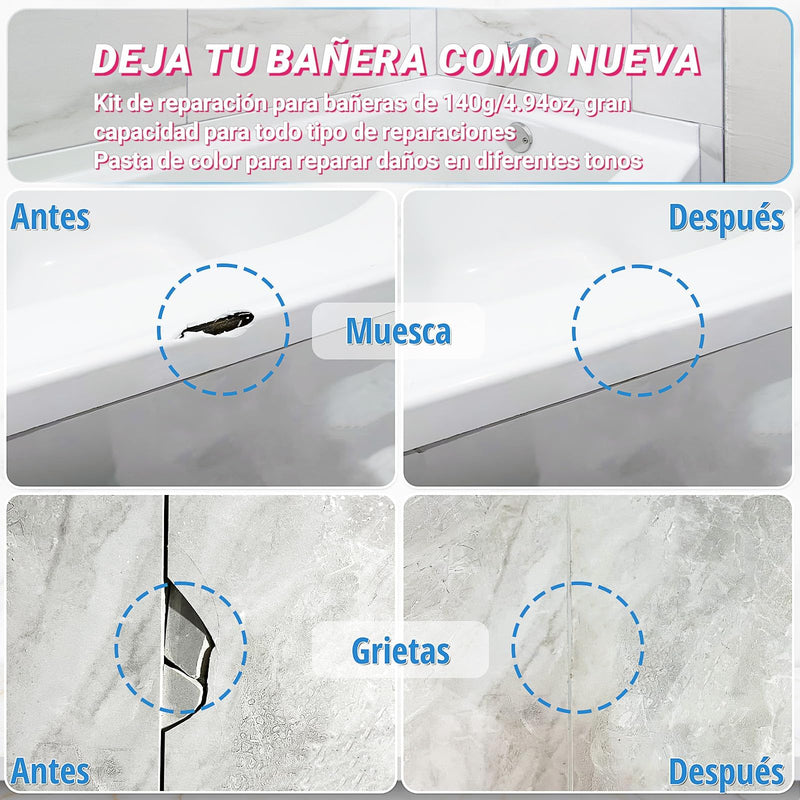 Bathtub Repair Kit 4.94oz (Color Match), TUFINEIN Porcelain Repair Kit for Fiberglass, Enamel, Ceramic, Acrylic Repair and Fix Chips, Cracks, Scratches, Holes on Tub/Tile/Sink/Shower Tray/Shower