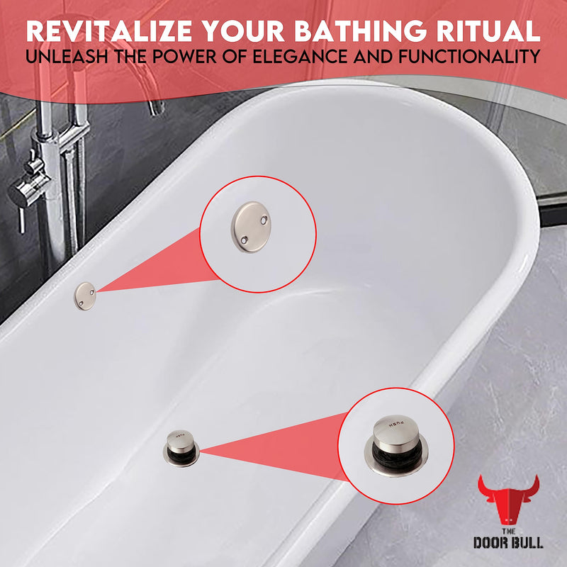 Tip-Toe Bathtub Drain Trim Kit with Two-Hole Overflow Faceplate – All Brass Tub Drain Stopper Replacement – Fits Fine or Coarse Thread Drain Shoe – Universal Tub Drain Assembly Brushed Nickel