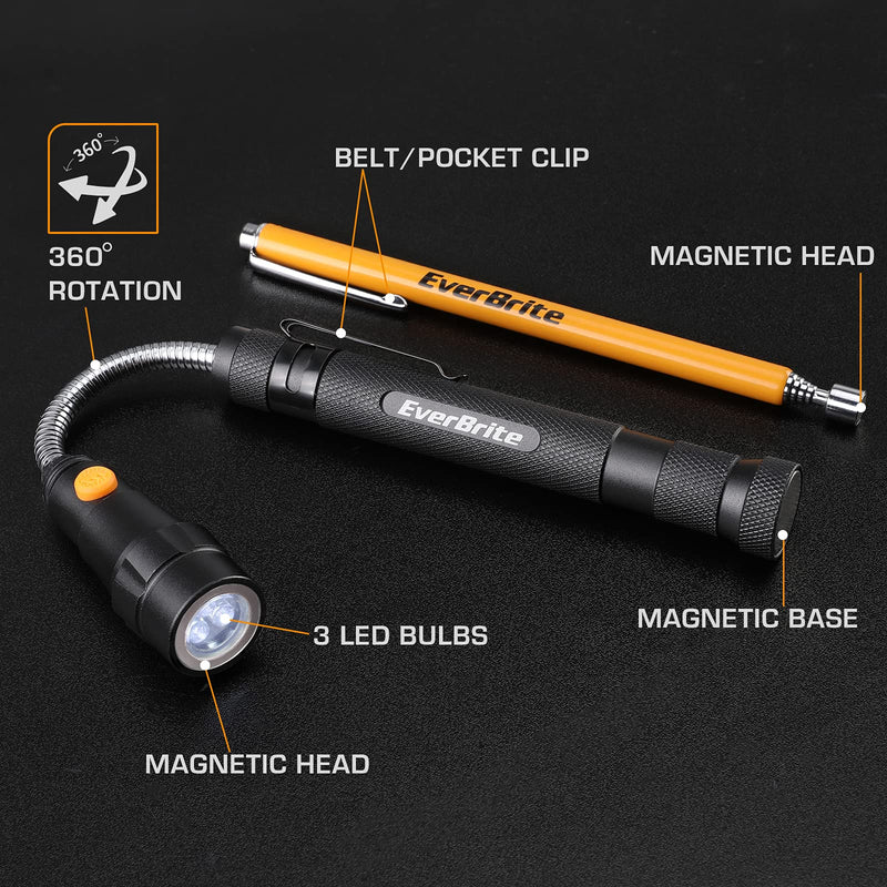 EverBrite 2-Piece Magnetic Pick Up Tool Set, Telescoping 360 Swivel Extensible Magnet Tool with LED Light, Gift for Dad, Mom, Husband, Father's Day, Birthday, Mechanic & Garage Tool