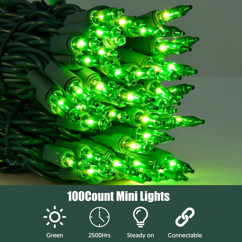 Green Christmas Lights St Patricks Day Decorations 100 Count Incandescent Light UL Certified Connectable Christmas Tree Lights for Indoor Outdoor Xmas, Wedding, Party, Home Decorations Green-Green Wire 1 x 100 Count