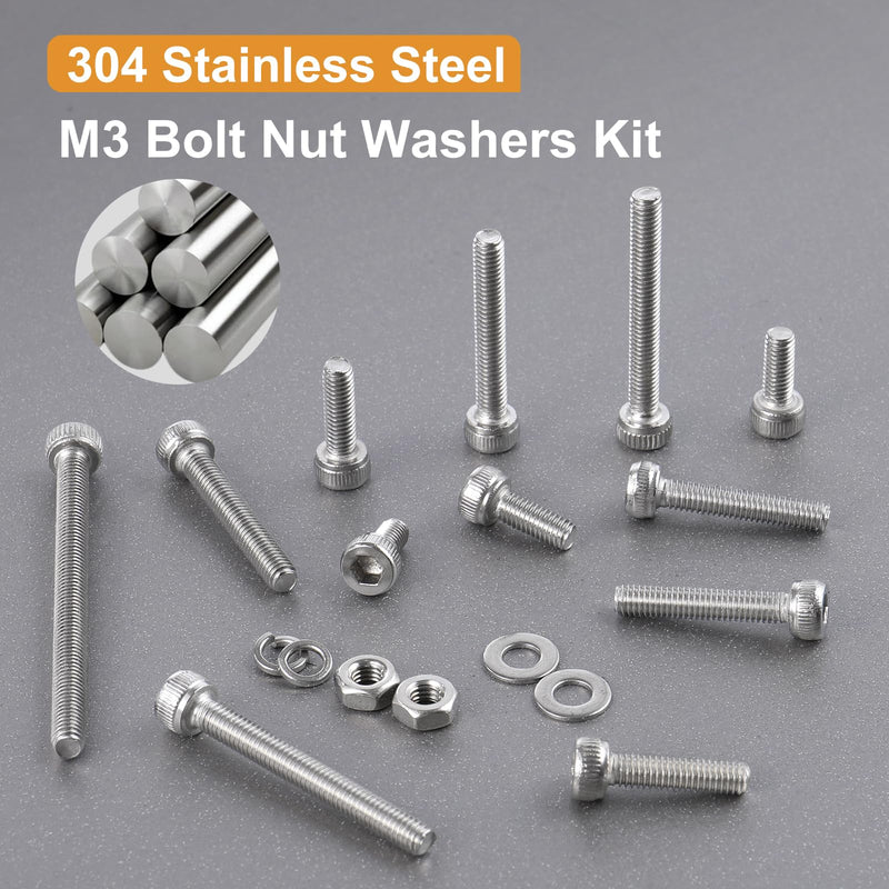 440pcs M3 Screw Assortment Kit, M3 x 25/30/35/40/45mm, M3 Screws Bolts for 3D Printer DIY, Hex Socket Head Cap Screws Bolts Nuts Washer Kit, 304 Stainless Steel M3x25/30/35/40/45mm