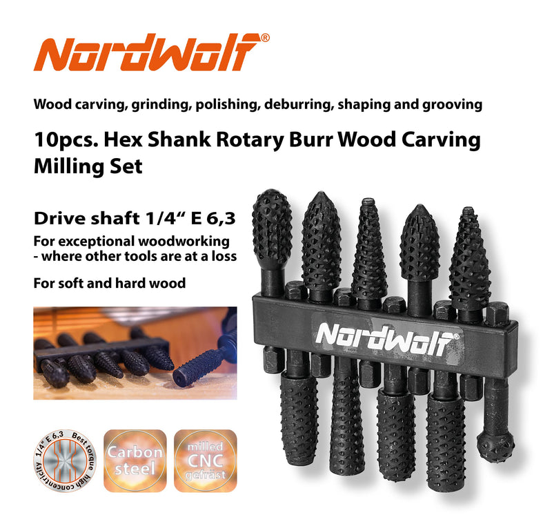 NordWolf 10-Piece Rotary Burr Wood Carving Rasp Files Set, with 1/4" Hex Shank for Wood & Rubber Deburring, Shaping and Grooving - NewNest Australia