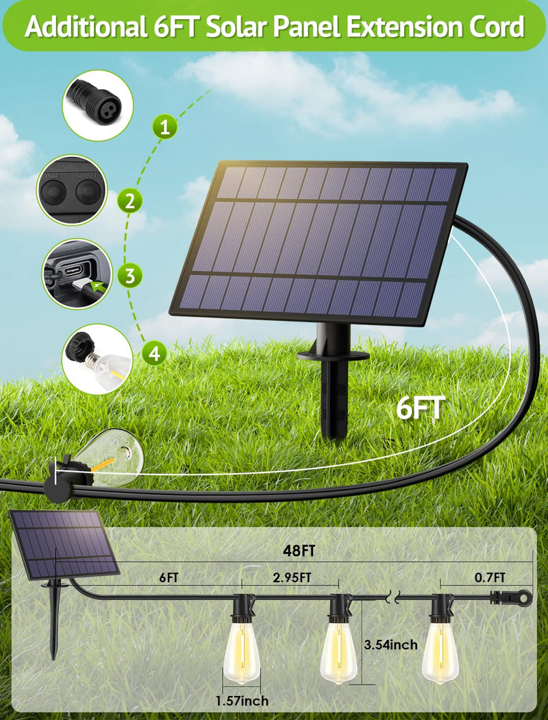 48FT Solar String Lights Outdoor with Remote, Waterproof Dimmable Patio Lights with 15+1 LED ST38 Bulbs 3 Modes Hanging Lighting for Backyard Black 1
