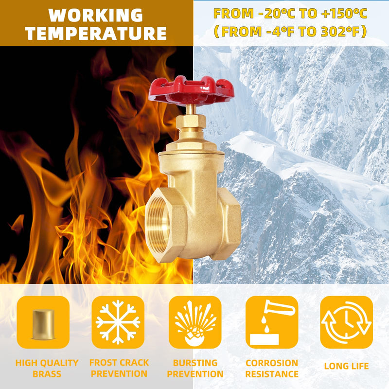 1-1/4" NPT Brass Gate Valve, Heavy Duty Female x Female Thread Manual Rotary Sluice Valve with Wheel Handle for Water, Oil, Gas, Industrial Plumbing, and HVAC Systems (1-1/4", DN32) 1-1/4"-NPT
