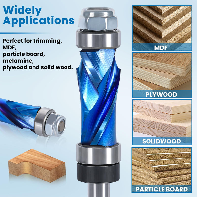 Compression Flush Trim Router Bit with Top & Bottom Bearing, 1/4” Shank, 1/2“ Cutting Dia Pattern Template Flush Cut Solid Carbide Router Bit for Woodworking Trimming Top+Bottom Bearing