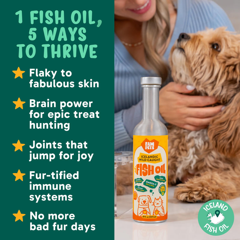 Omega 3 Fish Oil for Dogs (8 oz) - Premium Icelandic Liquid Dog Fish Oil Supplement with EPA DHA for Skin, Coat & Joint Health - Natural Pet Supplement - Leak-Free Aluminum Pour Bottle 8 fl. ounces