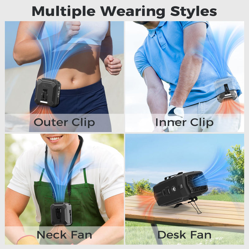 Portable Waist Fan with Built-in Charging Cable, 10000mAh Rechargeable Battery, 3 Speeds Up to 25H Cooling, LED＆Emergency Light, Personal Wearable Fan Clip on Belt for Outdoor Camping Travel Jobsite