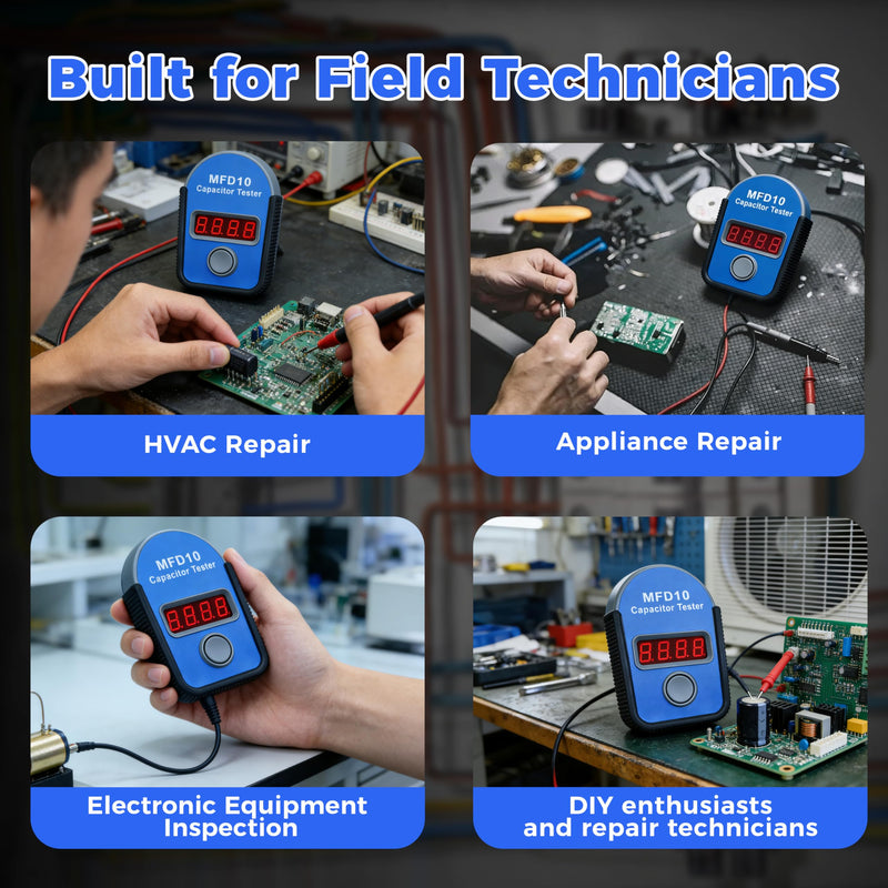 MFD10 Capacitor Tester, Digital Capacitance Meter with LED Display, 0.001µF to 9999µF Range, ±5% Accuracy, for HVAC Appliance Motor Start/Run Capacitor Testing (Black)