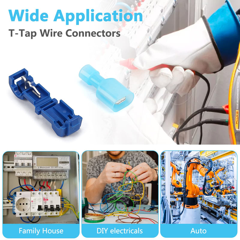120 Pcs Quick Splice Wire Terminals, Male & Female Blue T-Tap Self-Stripping Quick Splice Connectors, Nylon Fully Insulated Quick Disconnects Kit 16-14 Gauge (60 Pairs)
