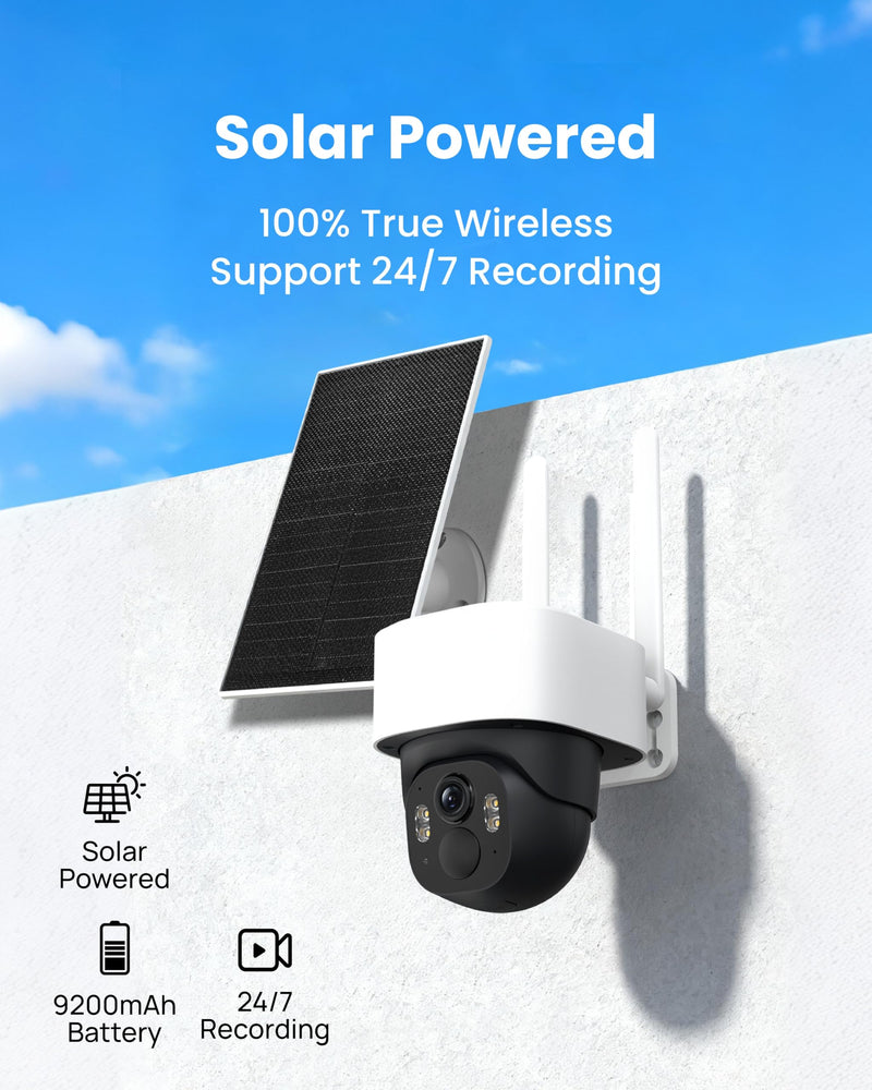5MP Solar Security Camera Wireless Outdoor, 3K UHD WiFi PTZ Camera with Color Night Vision, Motion Tracking, AI Human/Vehicle Detection, 2-Way Audio, Support 256GB SD, IP65 Waterproof