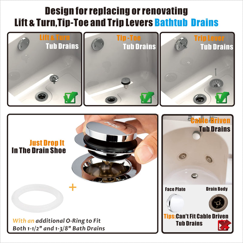 Artiwell Universal Tip Toe Bath Drain Stopper and Cover, Bathtub Drain Stopper, Replaces Lift and Turn, Tip-Toe and Trip Lever drains for Tub, EZ Installation and Clearing (Chrome Plated) Chrome Plated