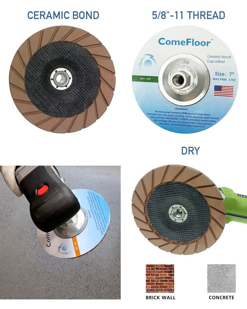 Concrete Grinding Cup Wheel 7" Ceramic Diamond Cup Wheel for Floor Grinding, Fits 5/8"-11 Arbor Angle Grinder,50# Medium 50#