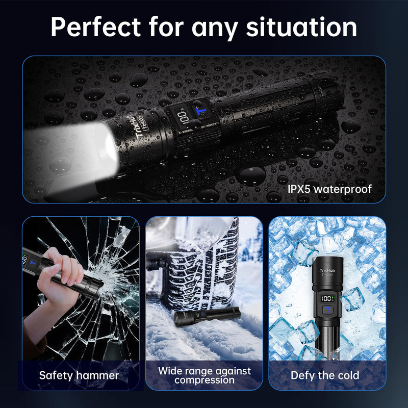 Rechargeable Flashlights High Lumens, 950,000LM Super Bright Flash Light, 5 Modes Zoomable Linternas with LCD Digital Display, Powerful Handheld LED Flashlights for Emergencies Camping Black