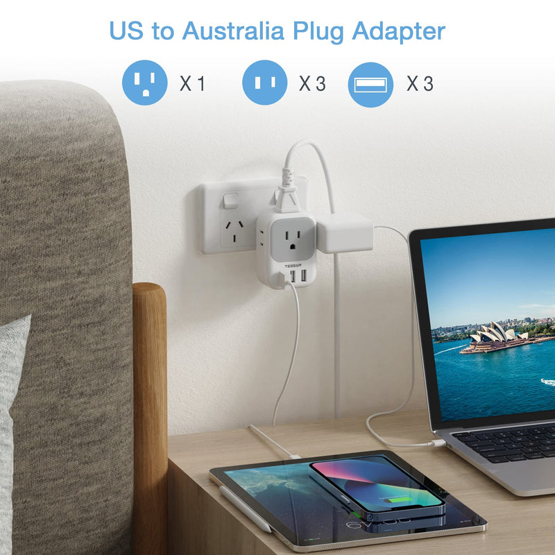 TESSAN Australia Power Plug Adapter, US to New Zealand Power Adapter with 4 American Outlets 3 USB Charger, Type I Travel Adaptor for USA to Australian, China, AU, Argentina, Fiji, Cook Islands, Samoa gray/white-Type I