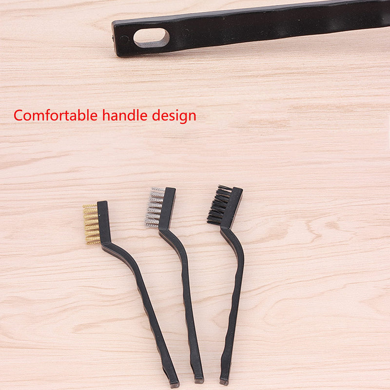 3Pcs Mini Wire Brush Set for Cleaning and Rust Removing, 7 Inch Industrial Wire Brushes of Stainless Steel/Nylon/Brass Bristles Black