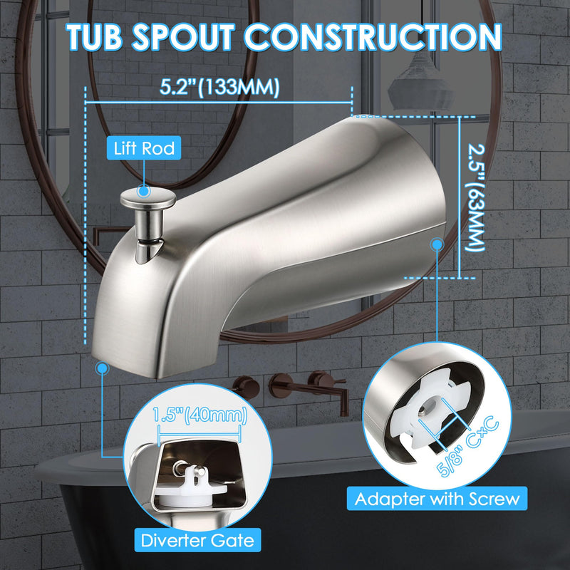Enhon Tub Spout with Diverter, Slip-Fit Bathtub Faucet Spout Replacement, 1/2 Copper Pipe Connection, Easy to Install, Universal for Bathroom Shower(Brushed Nickel Color,1 Pack) Brushed Nickel Color