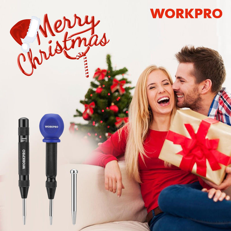 WORKPRO 2PCS Automatic Center Punch with an Extra Replacement Tip, Adjustable Spring Loaded Center Punch, Metal Punch Tool, Center Hole Punch for Wood, Metal, Plastic 2pcs Auto Center Punches with a Replacement Tip