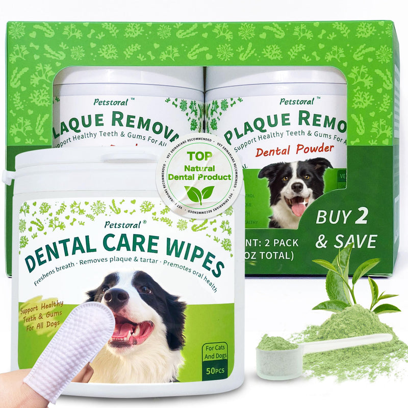Petstoral Dental Cleaning Kit, Dental Care Wipes to Clean Plaque on The Surface of The Teeth, 2-Pack Dental Powder with Probiotic to Solve Oral Problems from The Inside of Digestion