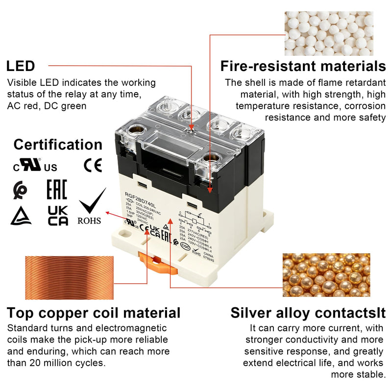 General Purpose Relay, RGF2BD740L, 25A 200-240VAC Coil Voltage, 6Pin Double Pole Single Throw Normally Open Contacts, with LED Indicator Light and Protection Cover, 35mm DIN Rail Mount 1 AC 220V