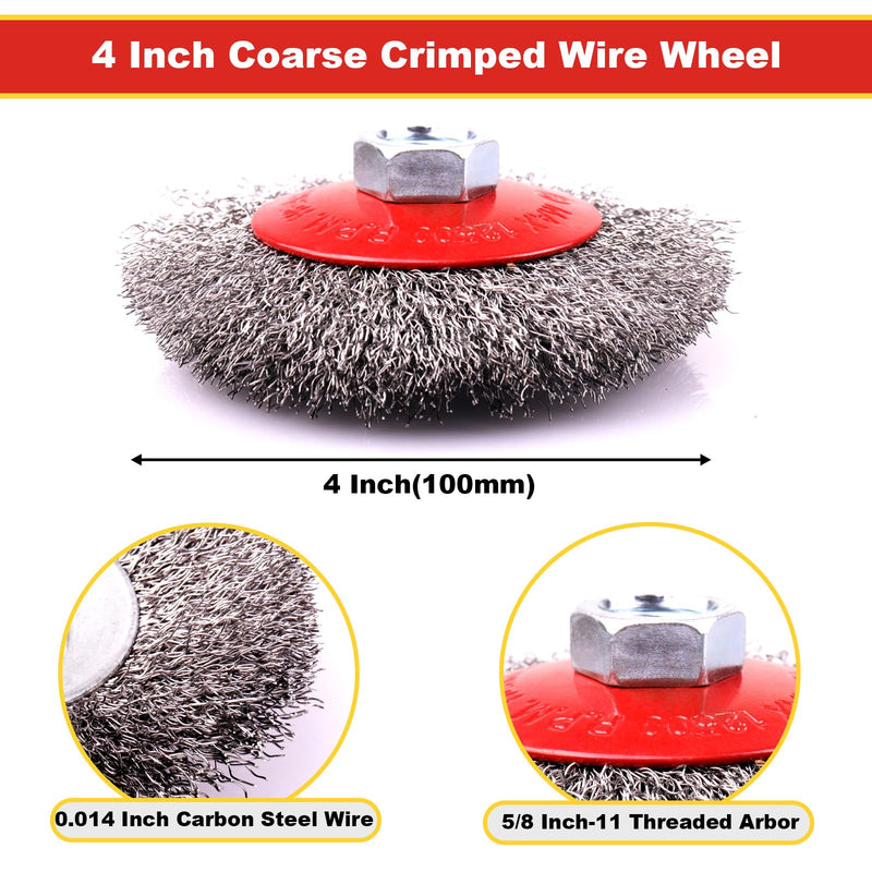 2 Pack 4 Inch Coarse Crimped Wire Wheel for 4 1/2 Angle Grinder,5/8 Inch-11 Threaded Arbor,0.014 Inch Carbon Steel Wire,Wire Brush for Rust,Corrosion,Paint Removal (2 Pack 4 Inch) 2 Pack 4 Inch