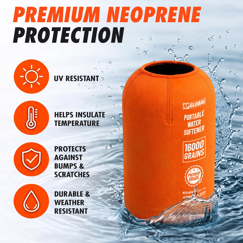 RV Water Softener Portable - 16,000 Grain, 3/4" GHT Fittings, Convenient Water Softener for RVs, Trailers, Boats, Mobile Car Washing, Pressure Washing Cover Orange Neoprene Cover