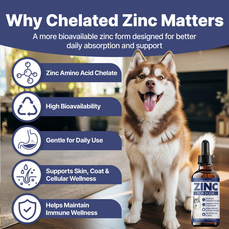 Zinc for Dogs - Dog Skin and Coat Supplement, Chelated Zinc Liquid Drops for Immune Support, Excessive Shedding, Itchy Skin, Husky Snow Nose, Homemade Dog Food Supplement, for All Breeds, 2 Fl Oz