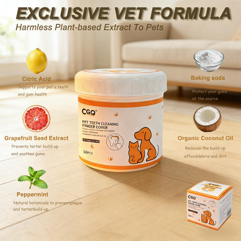 CGO Pet Teeth Cleaning Finger Wipes (50 Count) - Soft Dental Finger Covers for Dogs & Cats - Effectively Removes Plaque & Tartar, Freshens Breath - Alcohol-Free, Non-Irritating Oral Care Routine