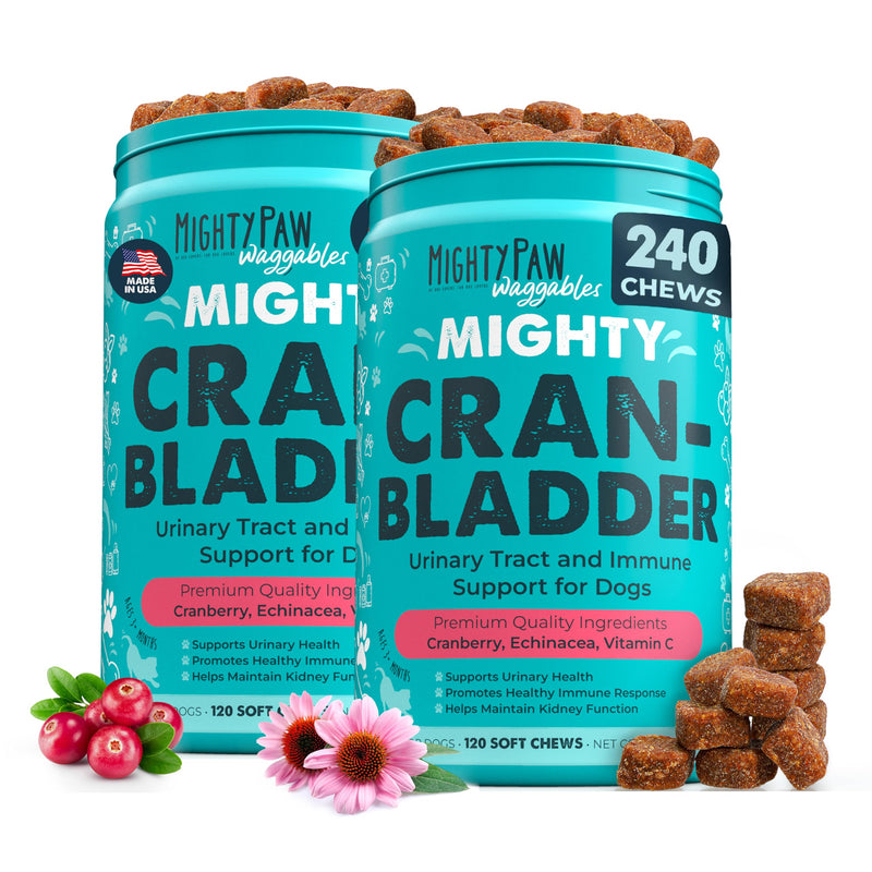 Mighty Paw Waggables Cran-Bladder (Made in The USA) 2-Pack | Vet Formulated Cranberry Supplement for Dogs – Cranberry Chews for Dogs, Urinary Tract & Bladder Support, Bacon Flavored, 240 Soft Chews