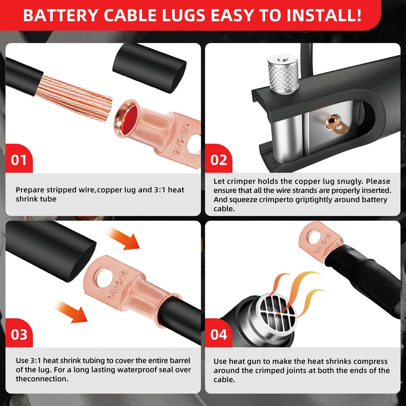 RED WOLF 10 Pack 8 Gauge x 3/8" Copper Wire Ring Terminals Connector Lug Battery Cable Ends Stud W/3:1 Heat Shrink Tubing Tube Black & Red Each 5 PCS for Electrical Vehicle Boat Marine