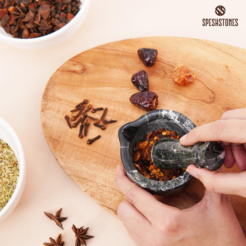 Marble Mortar and Pestle Set 3 Inch Black Handmade Small Spice Grinder for Kitchen Decor - Stone Pill Crusher Fine Powder, Herb Grinding Bowl, Garlic Crusher