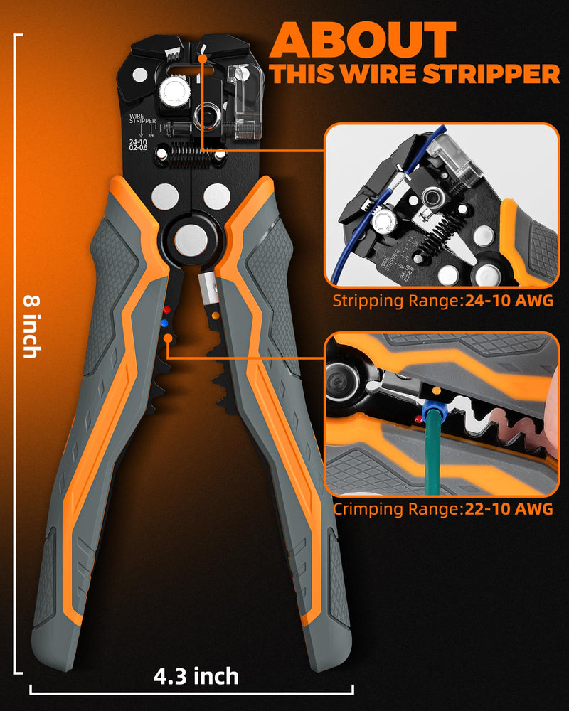 3-In-1 Self Adjusting Wire Stripper, Stripper/Cutter/Crimping Automatic Wire Stripper, 8 Inch Wire Stripper Tool for 10-24 AWG, Comes with Replaceable Stainless Steel Blades & Springs ‎TLD02001