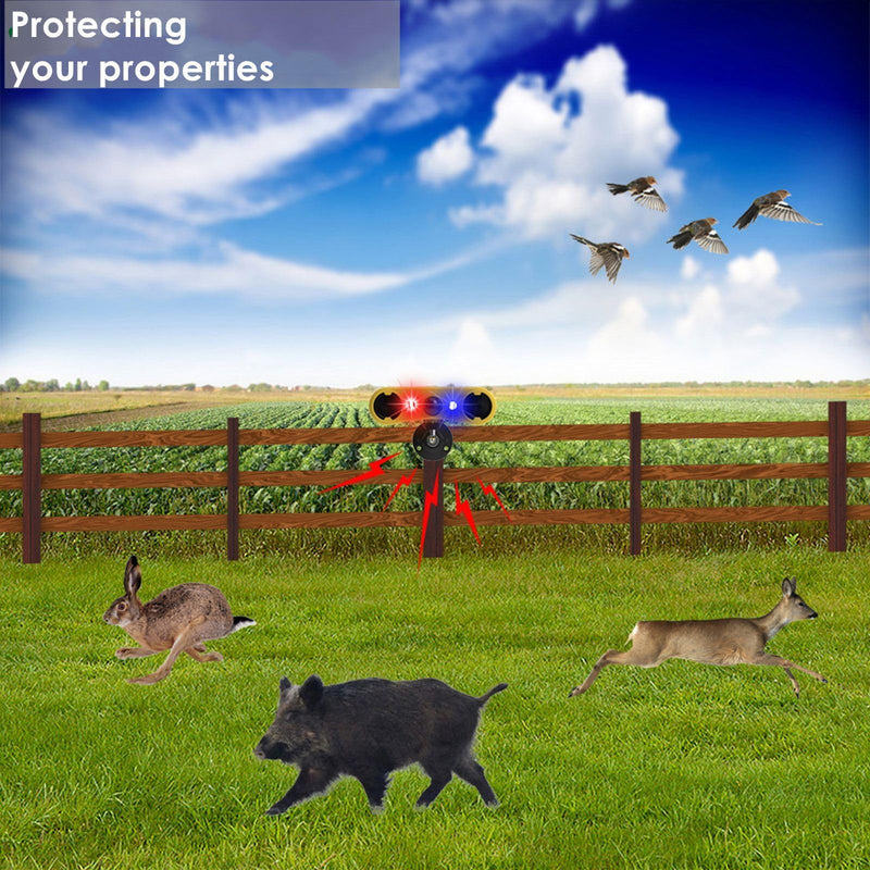 HULPPRE Solar Outdoor Motion Sensor Alarm-13 Sounds Including Dog Barking&Gunshot,2*130db Loud Noise Maker,4 Modes,Red&Blue Motion Activated Strobe Light,Say Goodbye to The Intruders 4 modes,13 sounds outdoor alarm