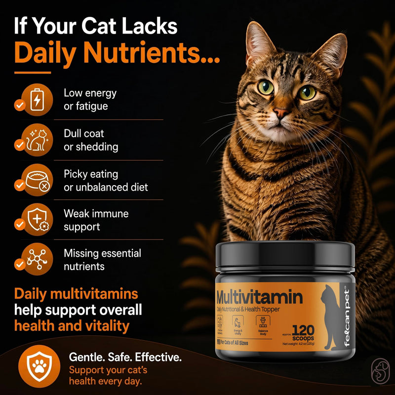 Daily Cat Food Topper – Cat Multivitamin Powder with 17 Active Nutrients, Taurine, Omega 3 & Glucosamine – Mixes Easily into Wet or Dry Food – Supports Energy & Vitality – 120 Scoops