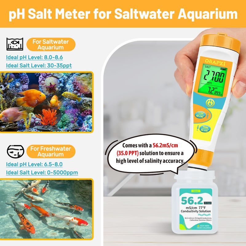 pH Meter Salinity Tester for Saltwater Aquarium Simultaneous Display of pH Salt for Saltwater Pool Update Aquarium pH Tester pH and Salt Meter for Saltwater Aquarium Reef Tanks Koi Pond