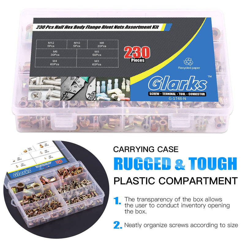 Glarks 230Pcs M3 M4 M5 M6 M8 M10 M12 Half Hex Body Flange Rivet Nuts Assortment Kit, Zinc Plated Carbon Steel Flat Head Threaded Insert Nut Rivnut Set (Rivet Nut Set) 230Pcs Rivet Nut Set