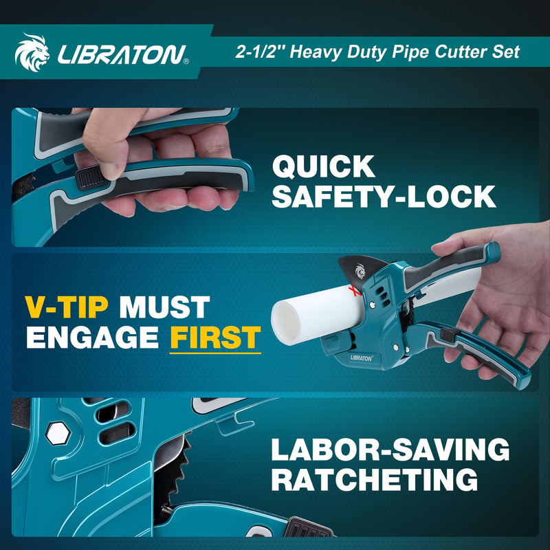 Libraton PVC Pipe Cutter, Up to 2-1/2", Ratchet Pipe Cutter Tool for PEX, PVC, PPR Plastic Hoses Plumbing, Heavy-Duty Pipe Cutter with Deburring Tool Replacement Blade, 2 Adjustable Cutting Ranges 2-1/2"(63mm)