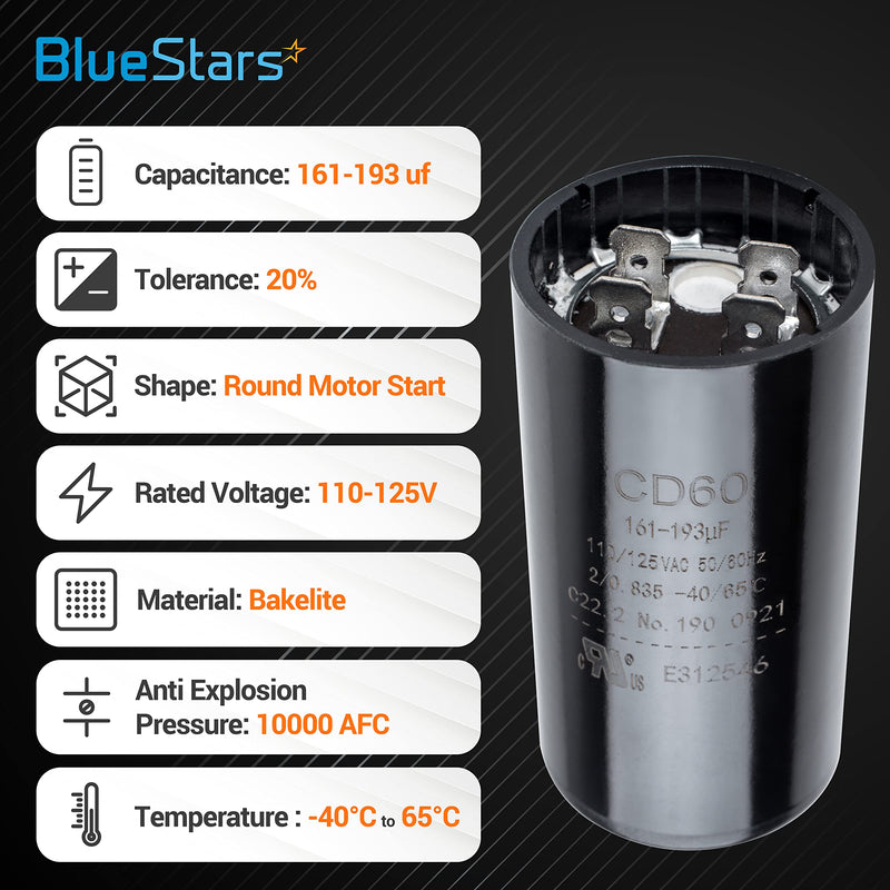 BlueStars Upgraded Version 161-193 uf/MFD 125 VAC ±20% 50/60 Hz CD60 Round Motor Well Pump Start Capacitor Replacement Part - Exact Fit for Air-Conditioners, Heat Pumps - Lifetime Up to 30.000 Hours 110-125 VAC 161-193 MFD - NewNest Australia